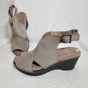 Dansko NEW Vanda Taupe Milled Nubuck Wedge Platform Sandals Peep Toe Sz 39 8.5-9